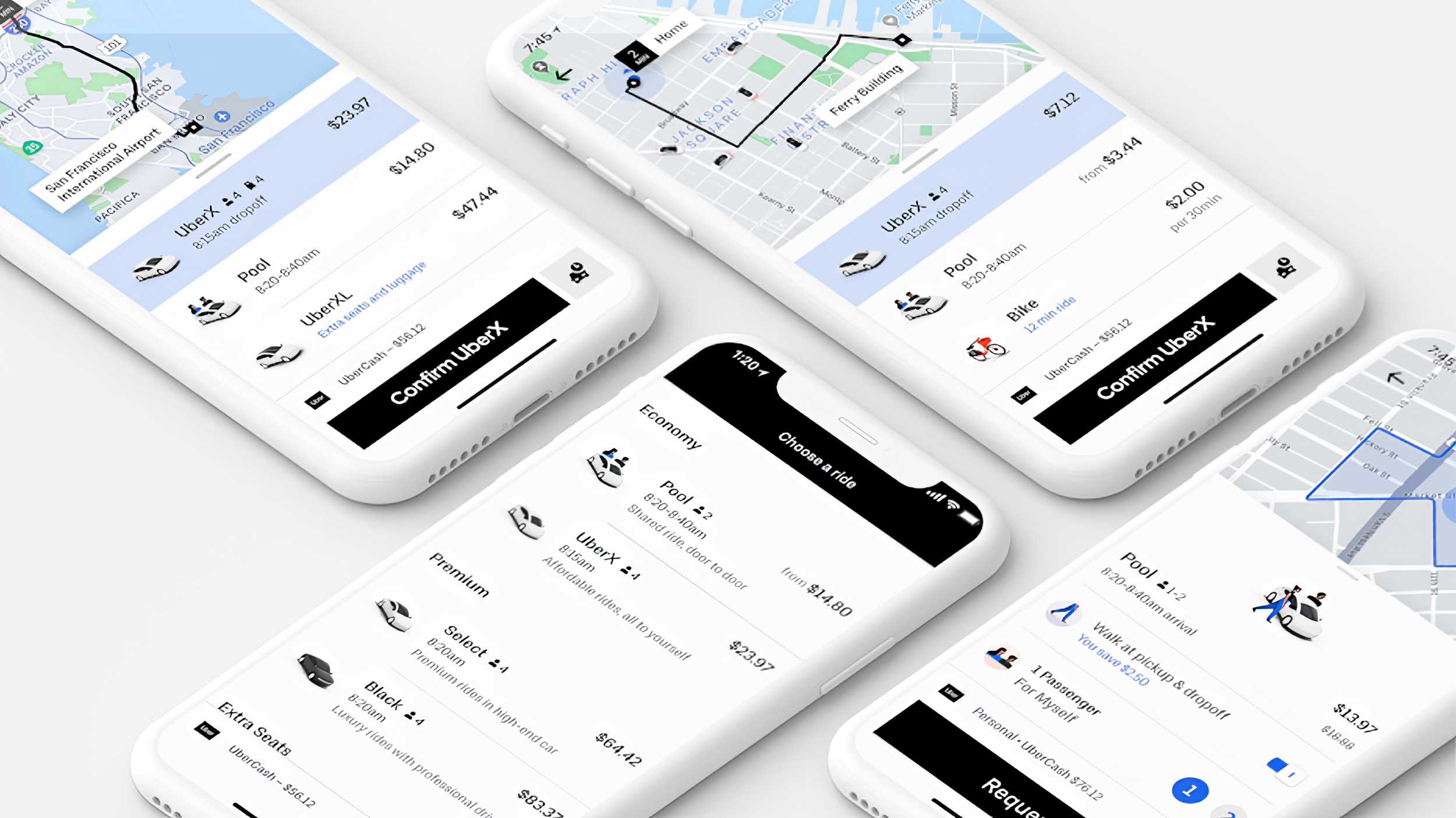 Multiple smartphones displaying Uber app screens with ride options, maps, and fare details.