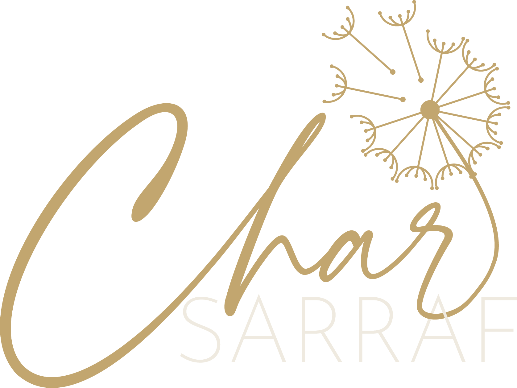 Keynote Speaker Logo with the text 'Char Sarraf' in gold and white, featuring a dandelion graphic in gold.