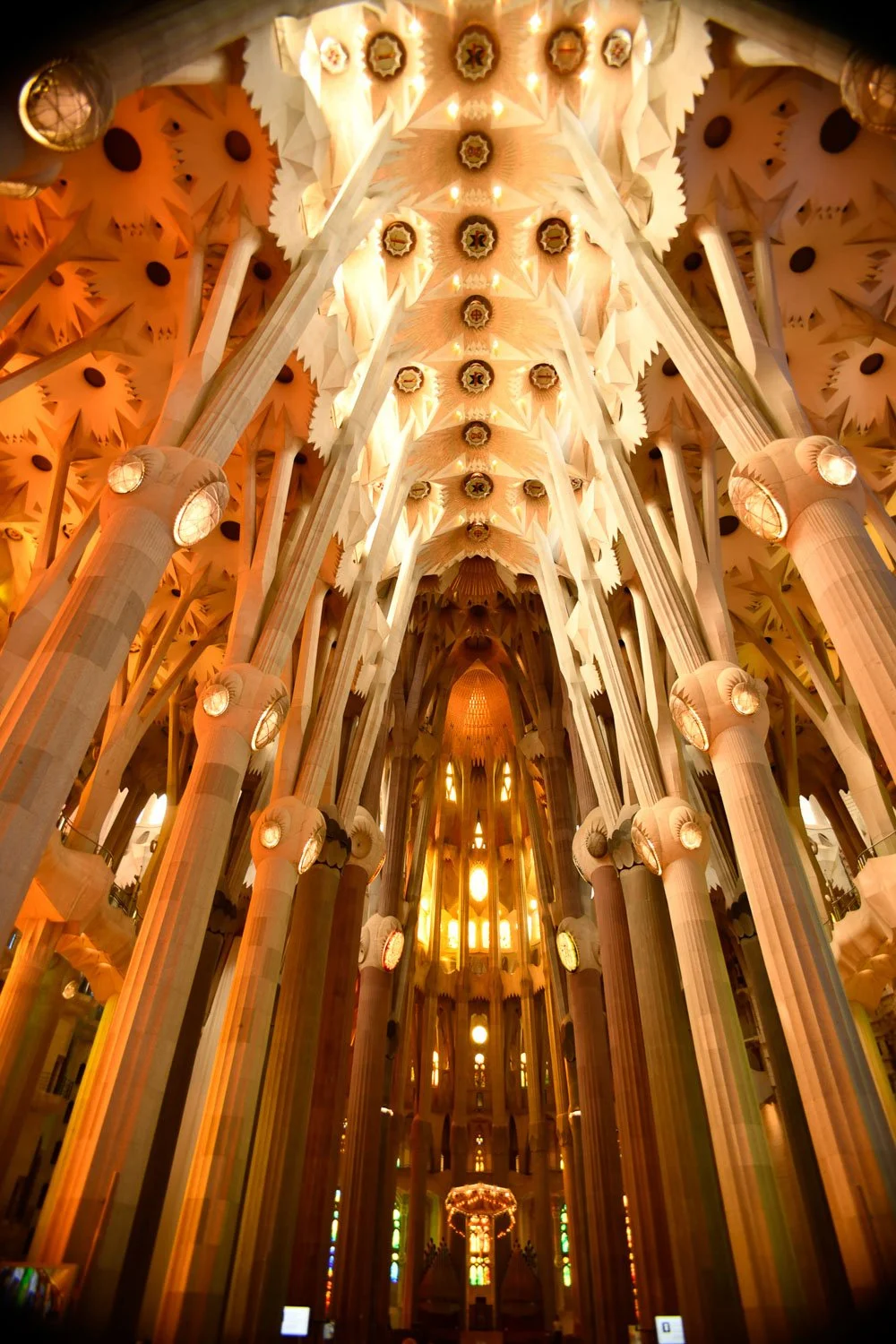 Interior view of Sagrada Familia cathedral in Barcelona, Spain, from a low angle, highlighting the towering columns and intricate ceiling bathed in golden-yellow light.