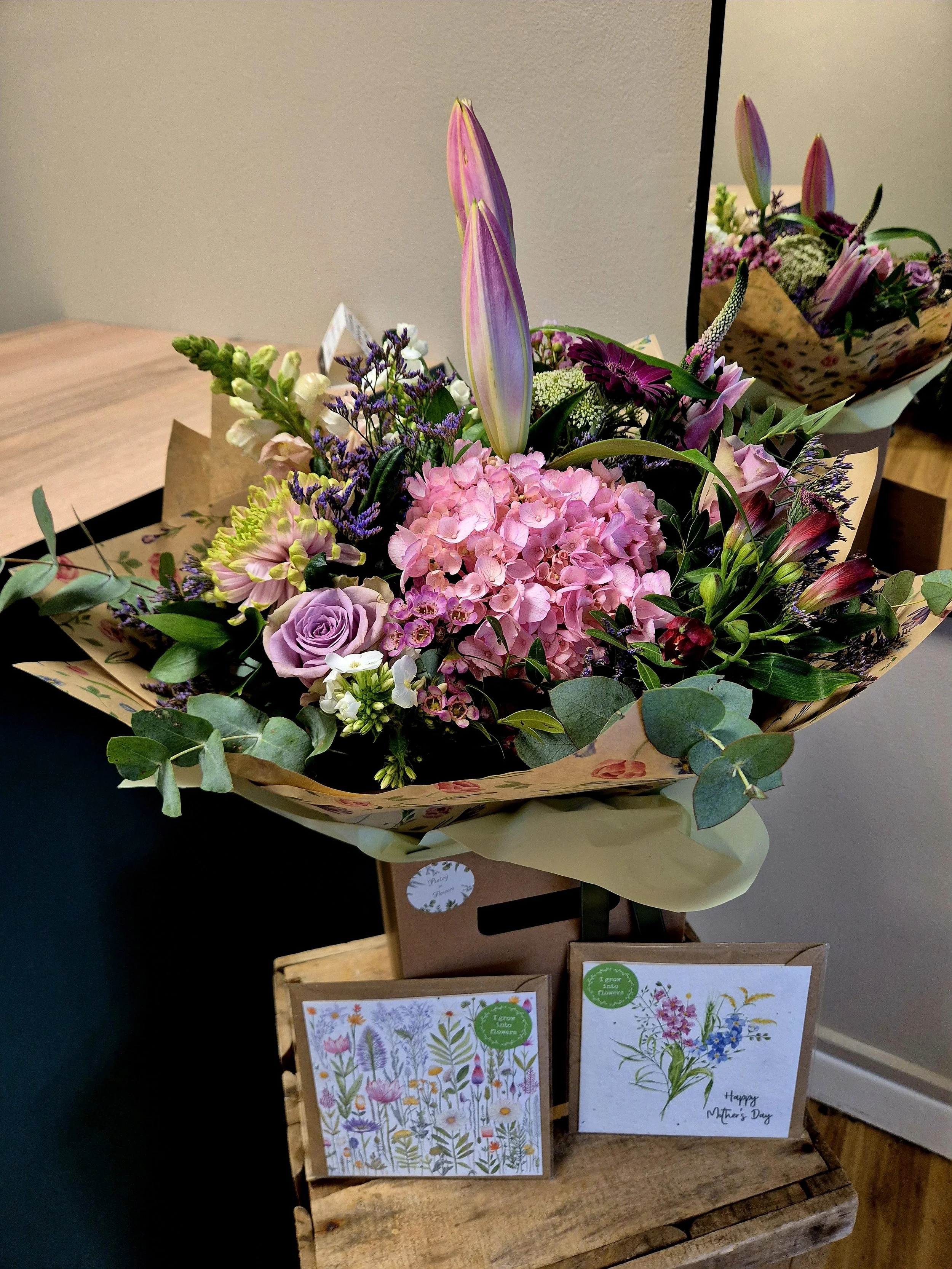 Mother's Day bouquet with pink hydrangea, roses and seasonal flowers from Poetry in Flowers florist in Hednesford