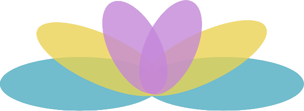 A stylized lotus flower with purple petals floating on blue and yellow water lily pads.