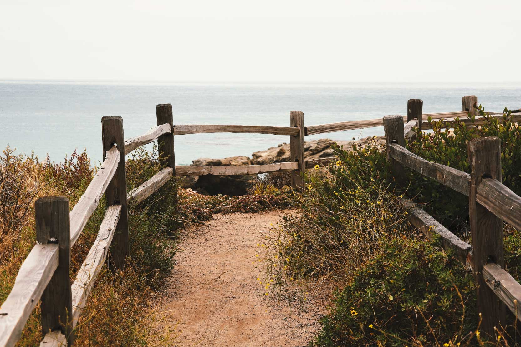 A dirt pathway with a weathered wooden fence on both sides leading to a rocky view of the ocean in the background, with overcast sky.