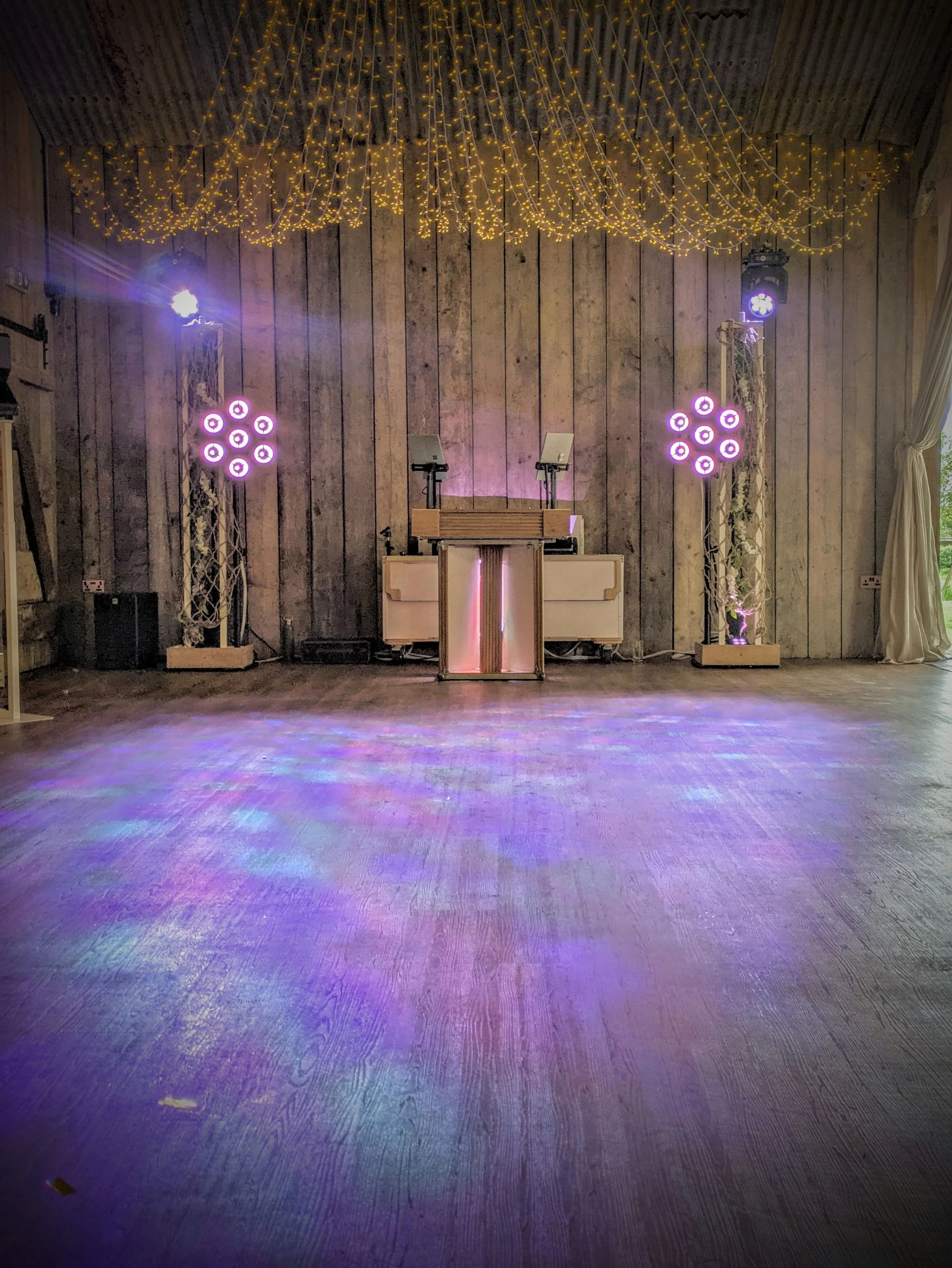 ForCelebrations Wedding DJ setup at Old Oak Farm, beautifully blending with the rustic charm of the barn