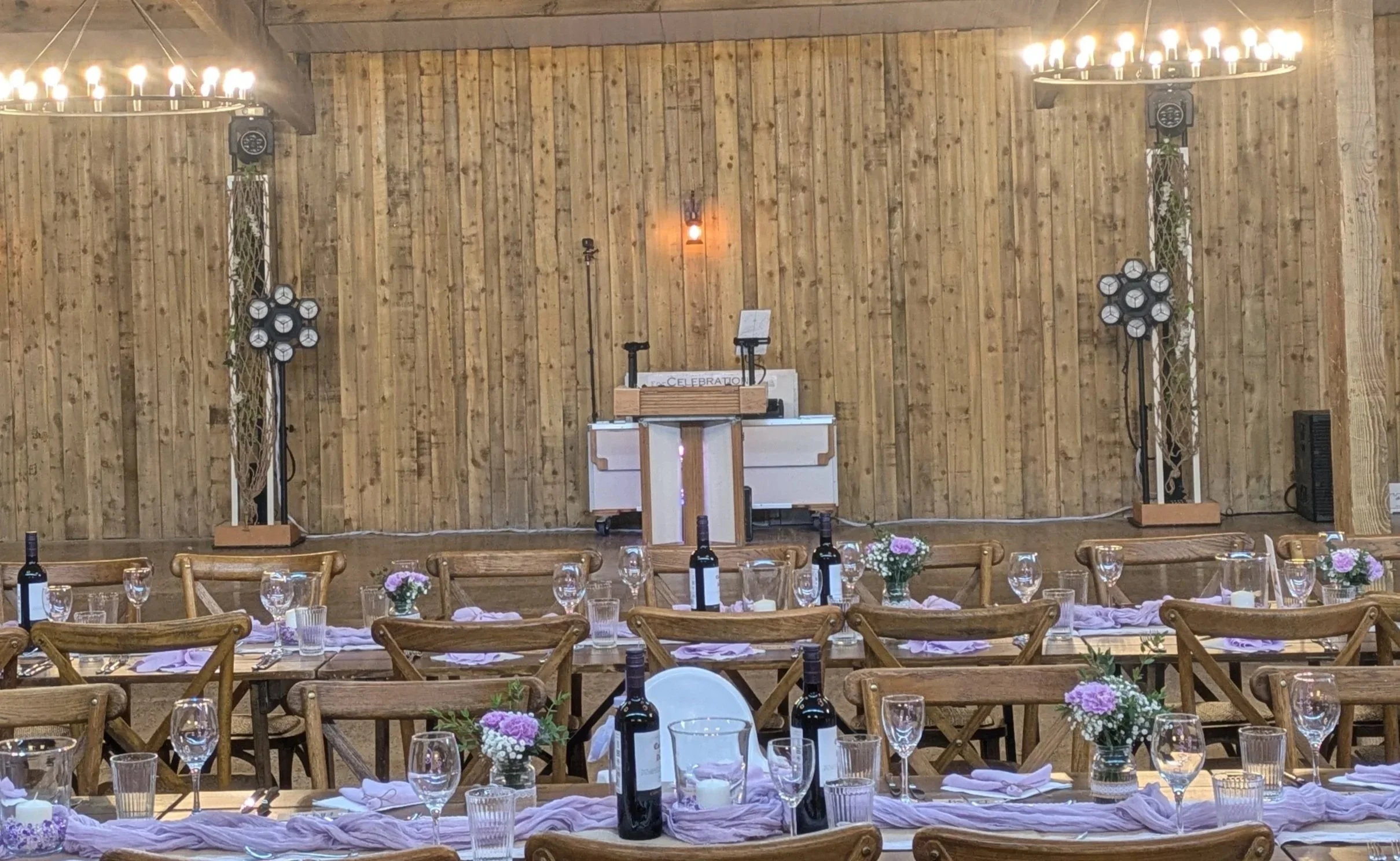 ForCelebrations wedding DJ setup Wooladon Estate, Devon, elegant and rustic, ready for the evening party