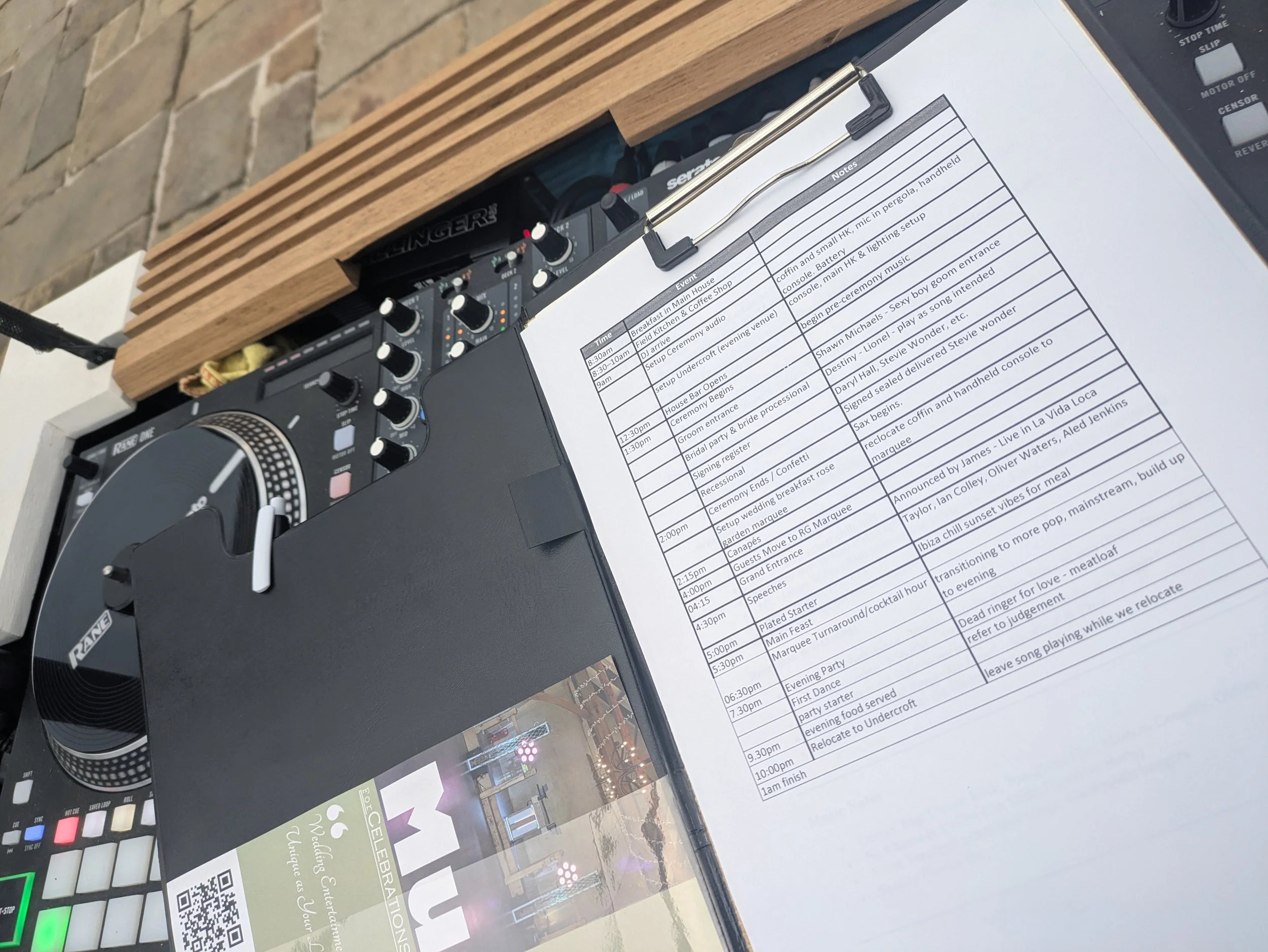 A wedding timeline sheet showing behind-the-scenes planning by a professional DJ