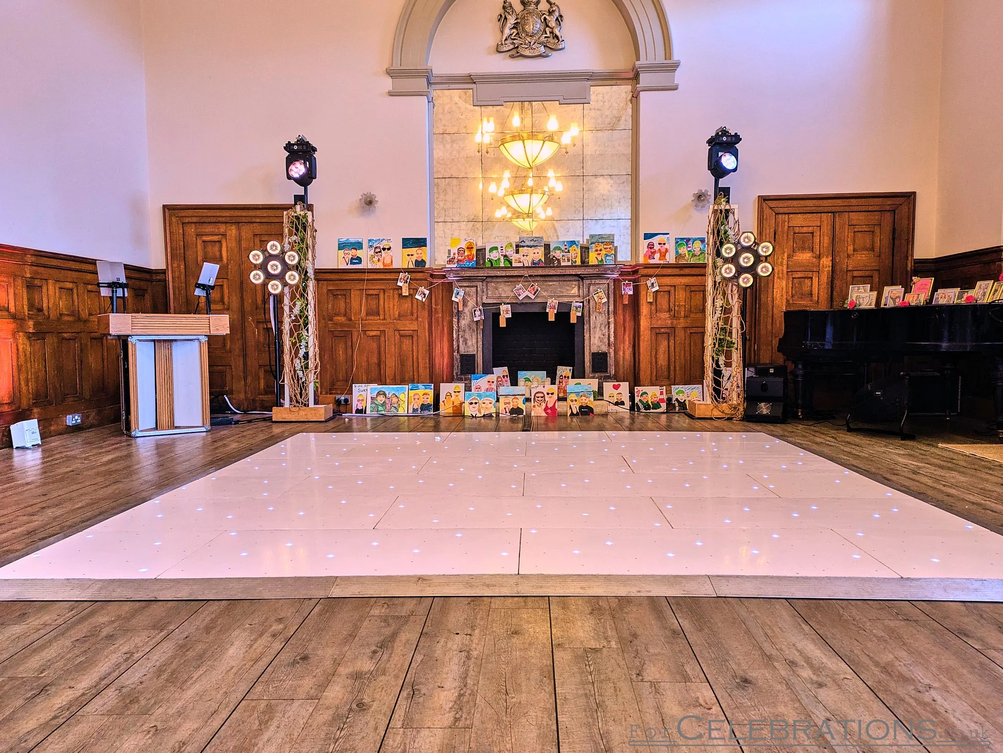 Bespoke wedding DJ setup blending with the interior of Custom House in Barbican Plymouth, with a white starlit dance floor.