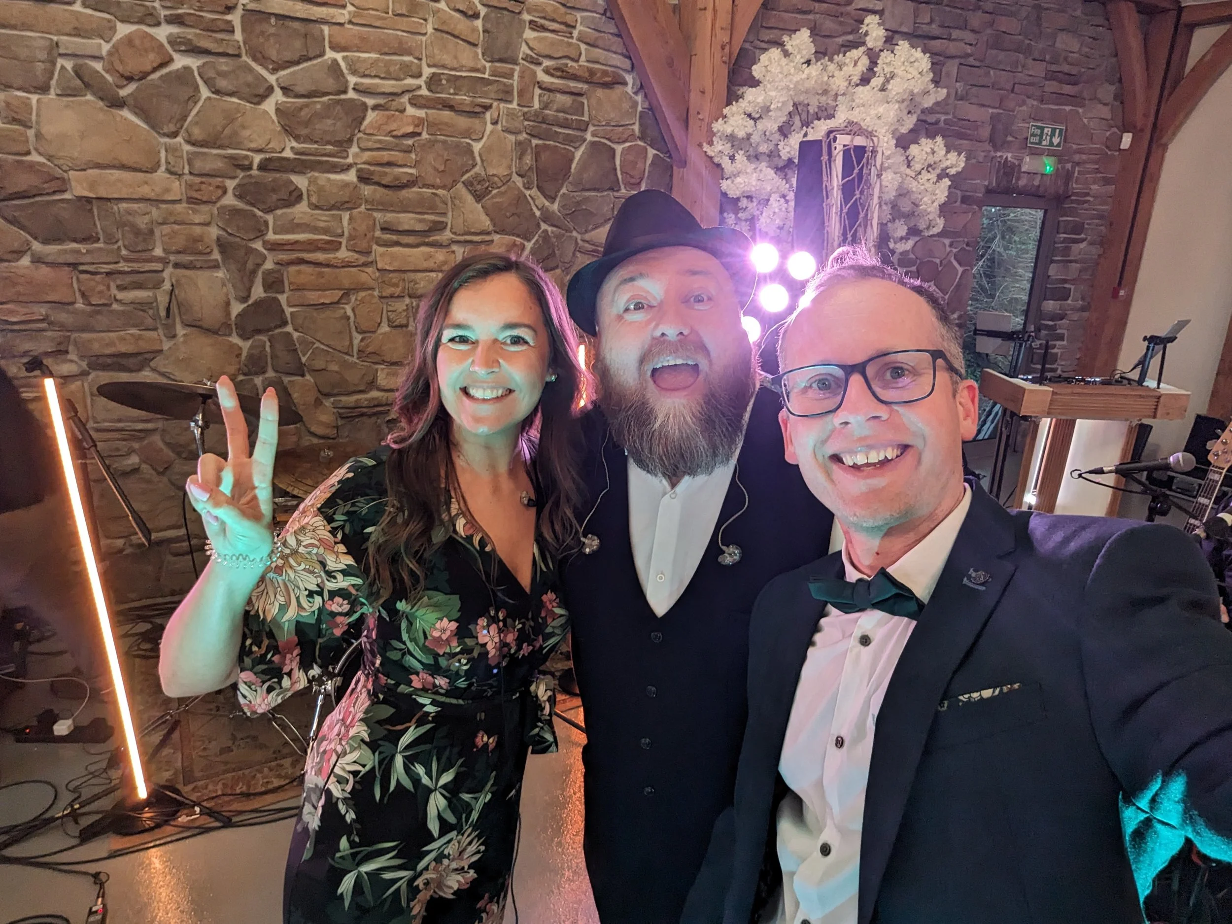 John William Forcelebrations taking a selfie with Bill-Ding and the Skyscrapers, Adam and the Hat, at a barn wedding venue in North Devon
