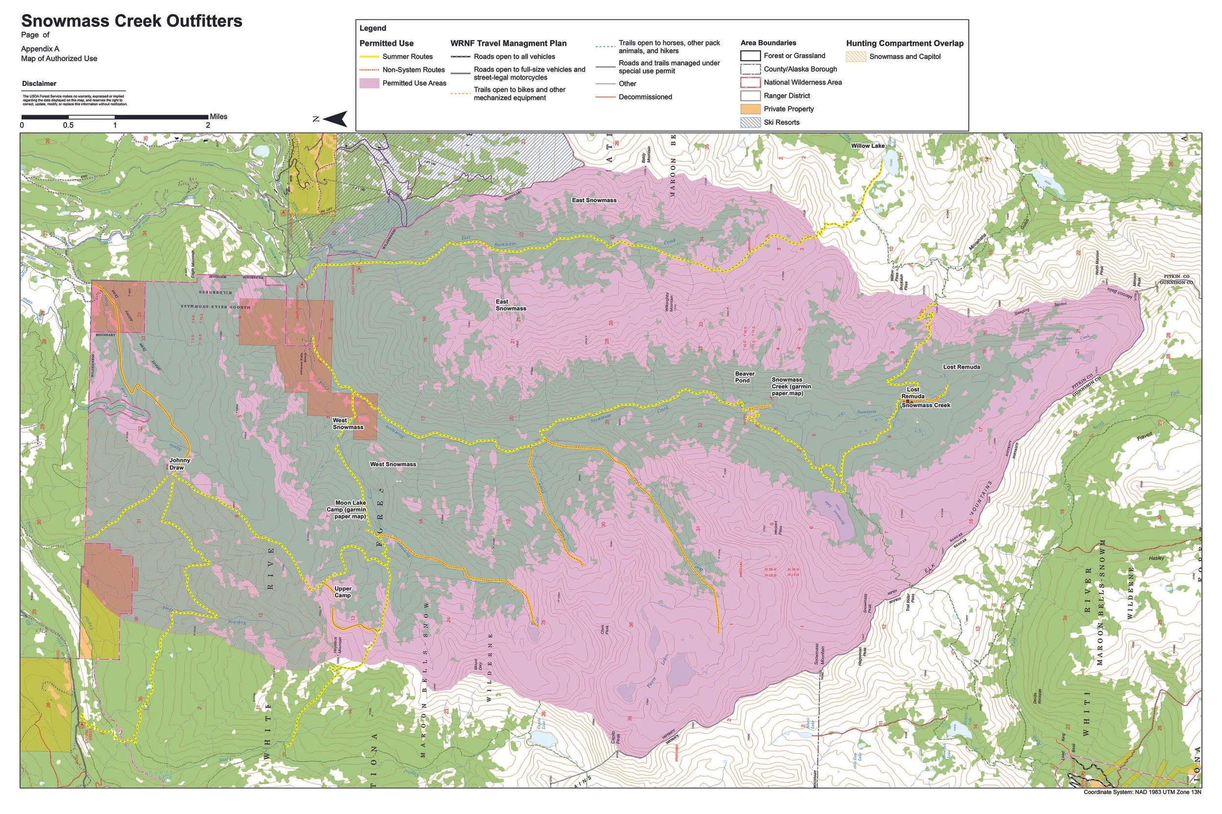 Map of Snowmass Creek Outfitters showing permitted use areas, trails, roads, and boundaries in a mountainous region, with lakes, campgrounds, and various trail routes.