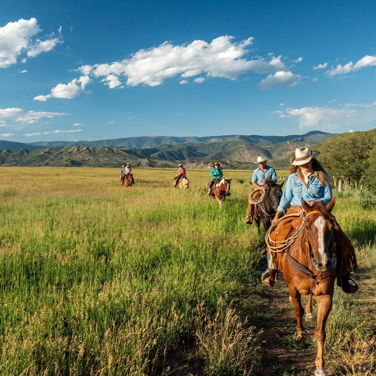 A group of five people riding horses along a trail through a grassy field with mountains in the background under a partly cloudy sky.