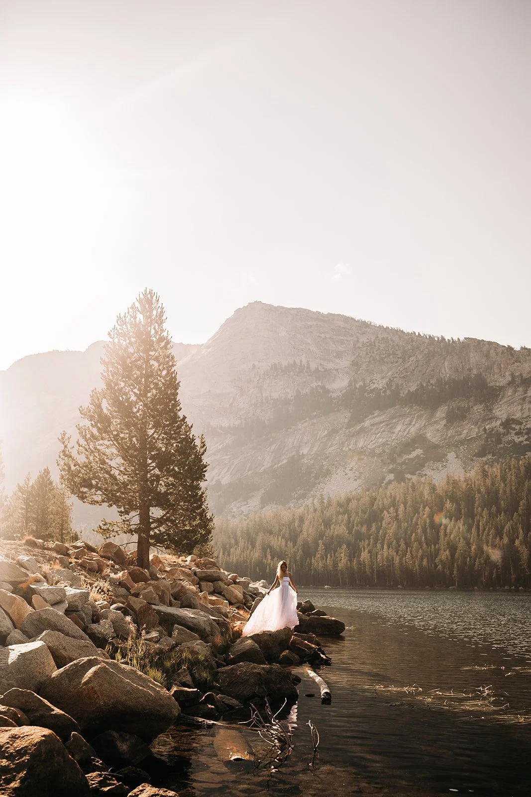 A woman in a white dress stands on rocks by a lake, surrounded by trees and mountains, with sunlight in the background.