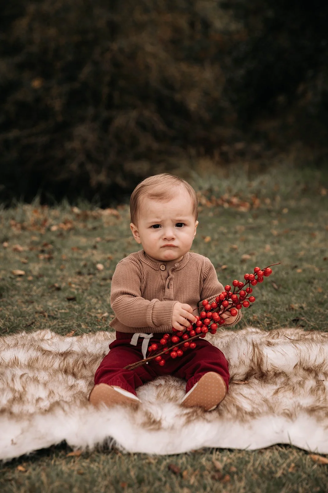 A young child sitting on a faux fur rug outdoors, holding a branch of red berries, with a neutral expression, dressed in a tan sweater and maroon pants.