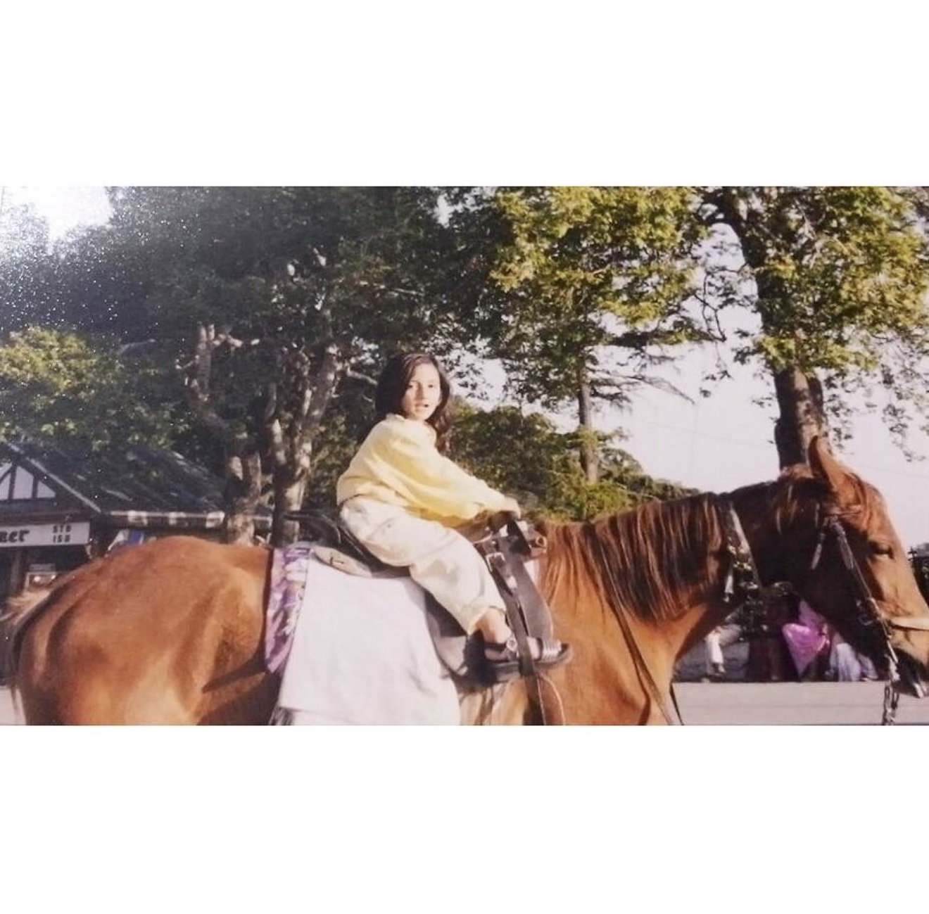 A young girl riding a brown horse with a light-colored saddle and bridle on a sunny day, with trees and buildings in the background.