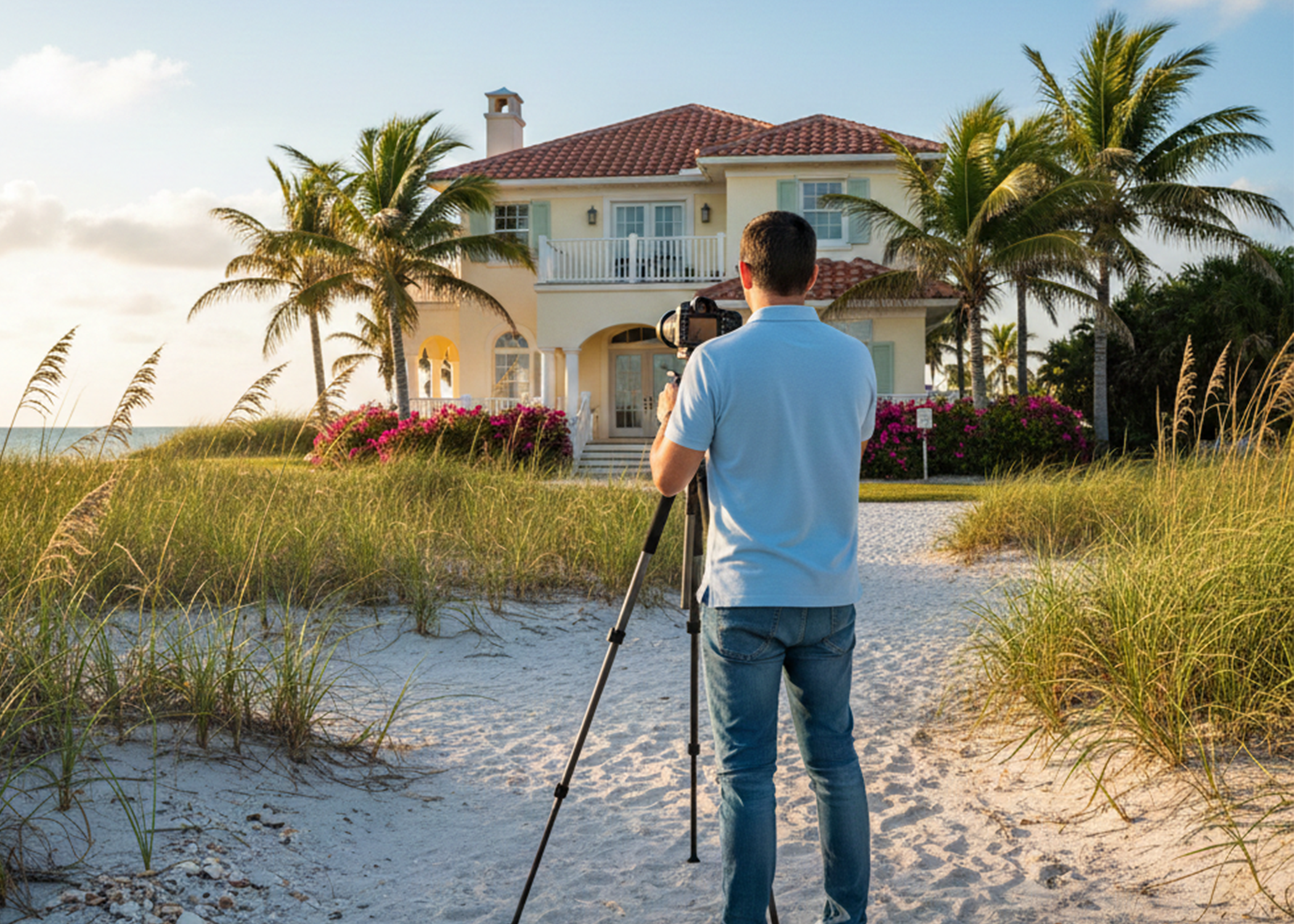 A man in a light blue shirt and jeans using a camera on a tripod to photograph a large luxury beach house with palm trees, pink flowers, and a sandy path.