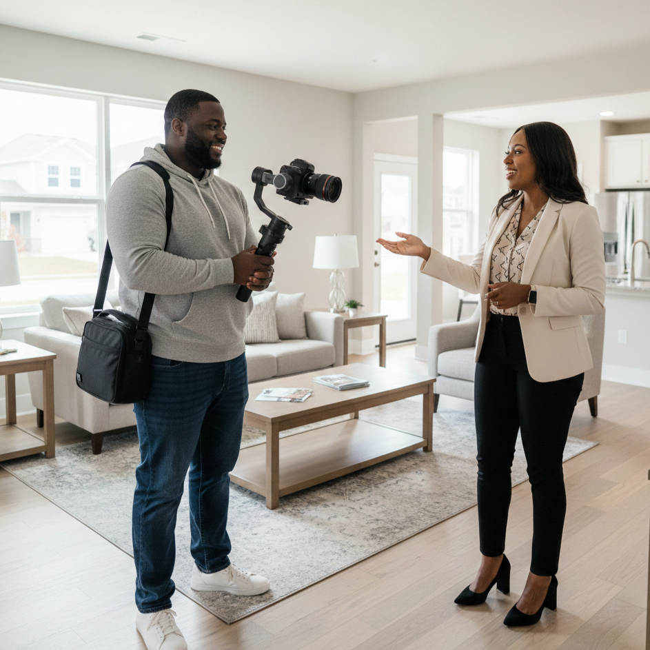 A man filming a woman talking inside a modern living room.