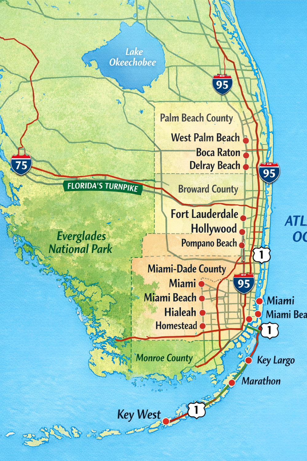 Map of Florida highlighting the southeastern coast with cities such as Miami, Fort Lauderdale, Hollywood, Pompano Beach, and Key West, along with major highways and parks like Everglades National Park.