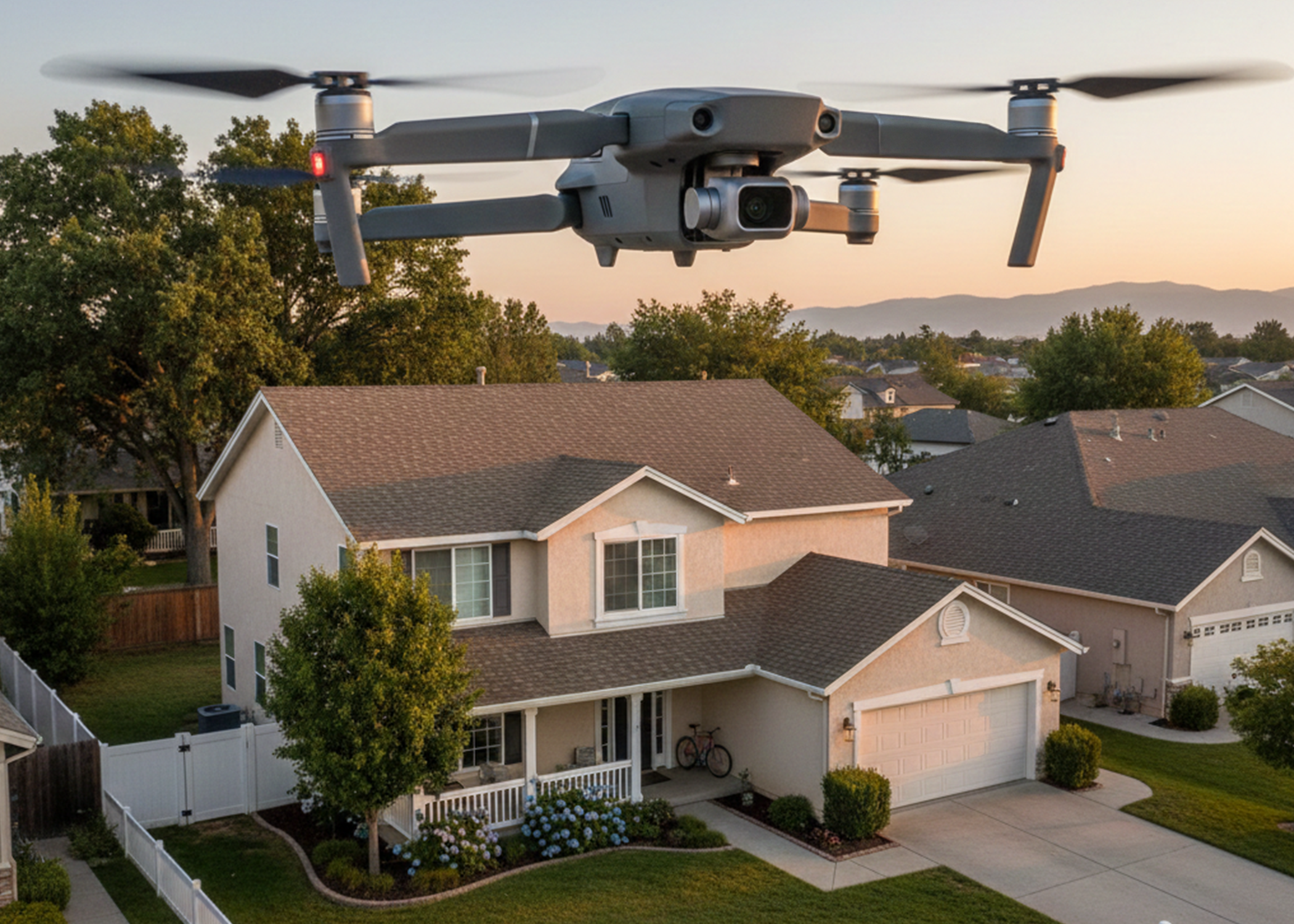 A drone flying over a suburban neighborhood with houses and trees during sunset.