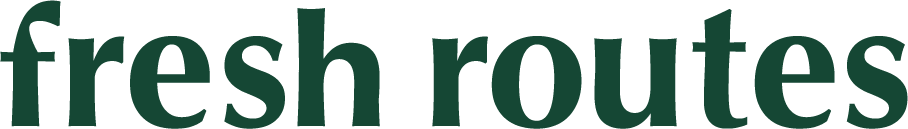 Close-up of the words 'fresh routes' in bold green text on a clear background.