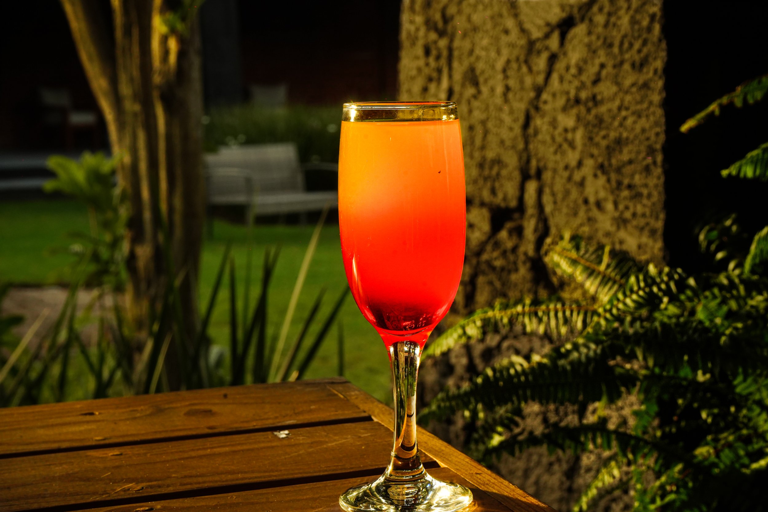 Copa de cóctel con un líquido de color rojo y amarillo en un fondo al aire libre con árboles y un banco.