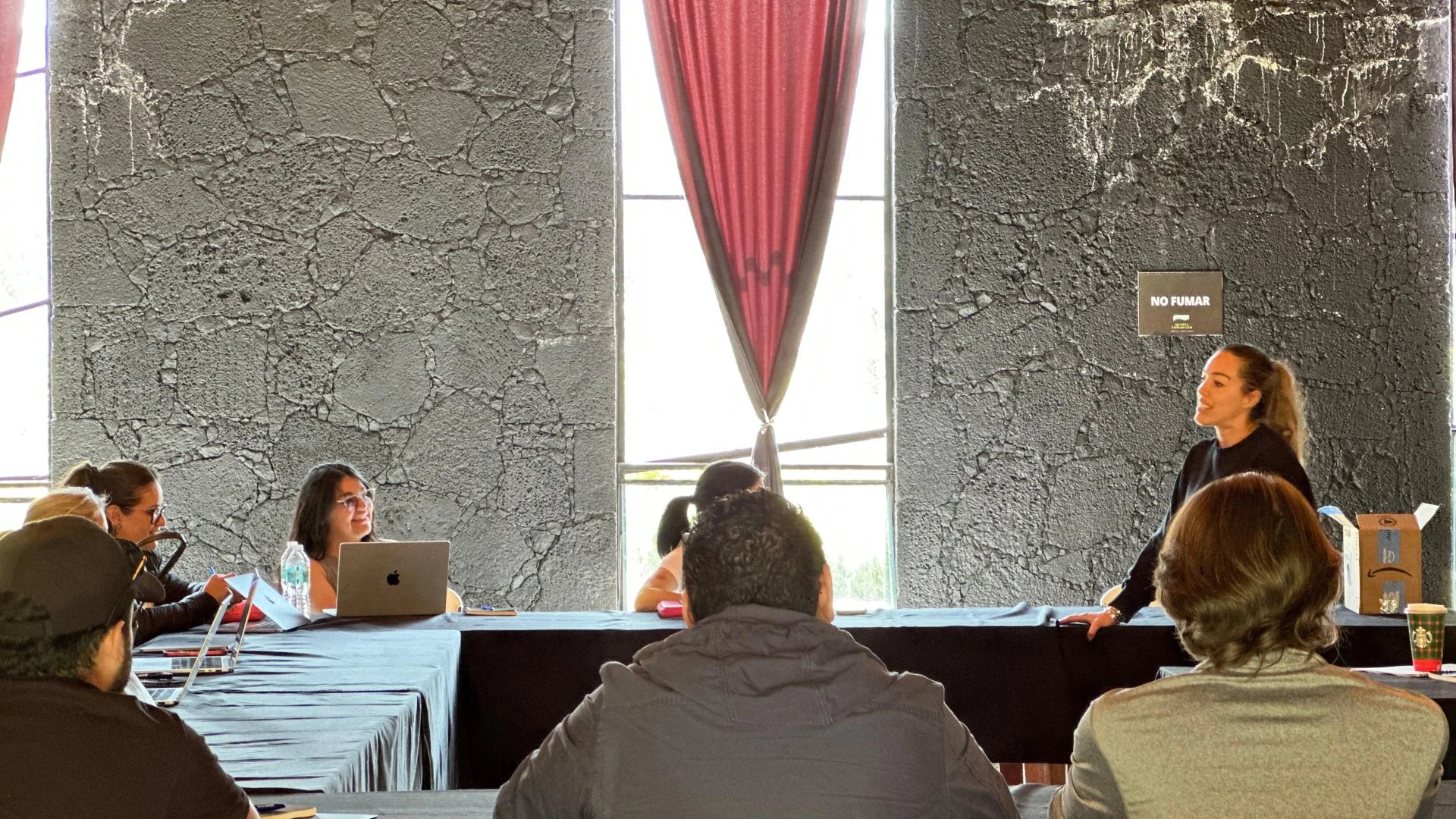 Reunión en una sala con paredes de concreto y una cortina roja en la ventana, donde una mujer está dando una presentación a un grupo de personas sentadas en una mesa larga.
