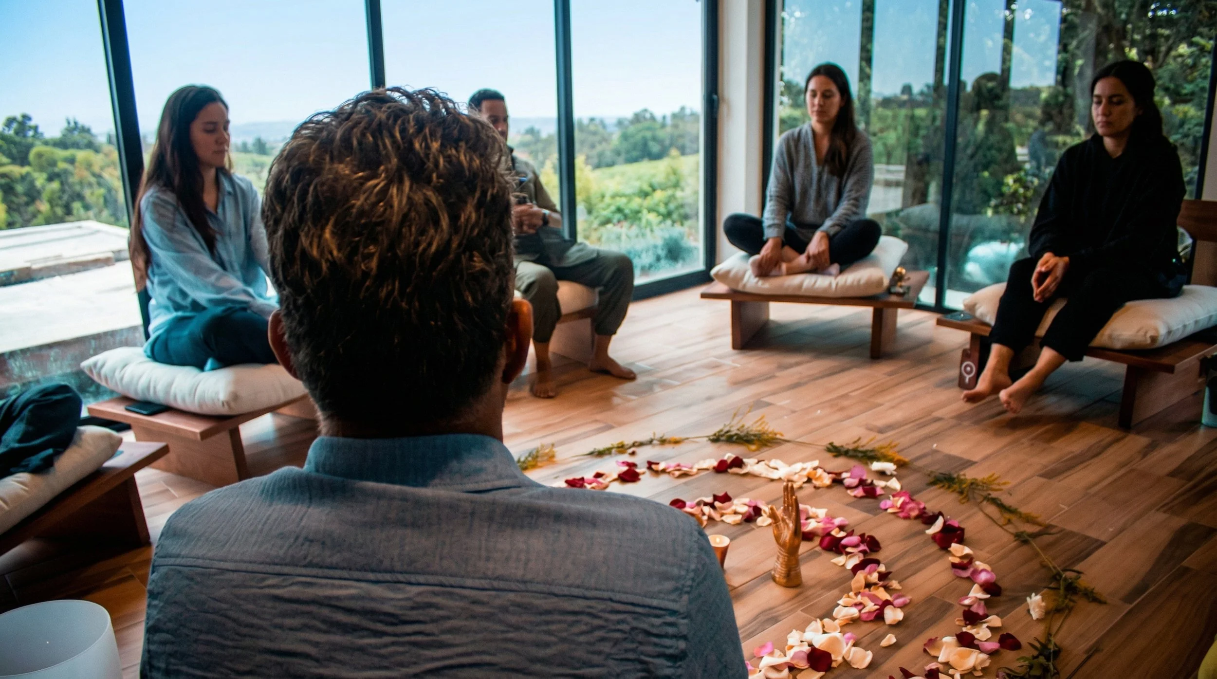 Grupo de personas participando en una ceremonia espiritual en un espacio interior con vista a un entorno natural, decorado con flores formando un corazón en el suelo.