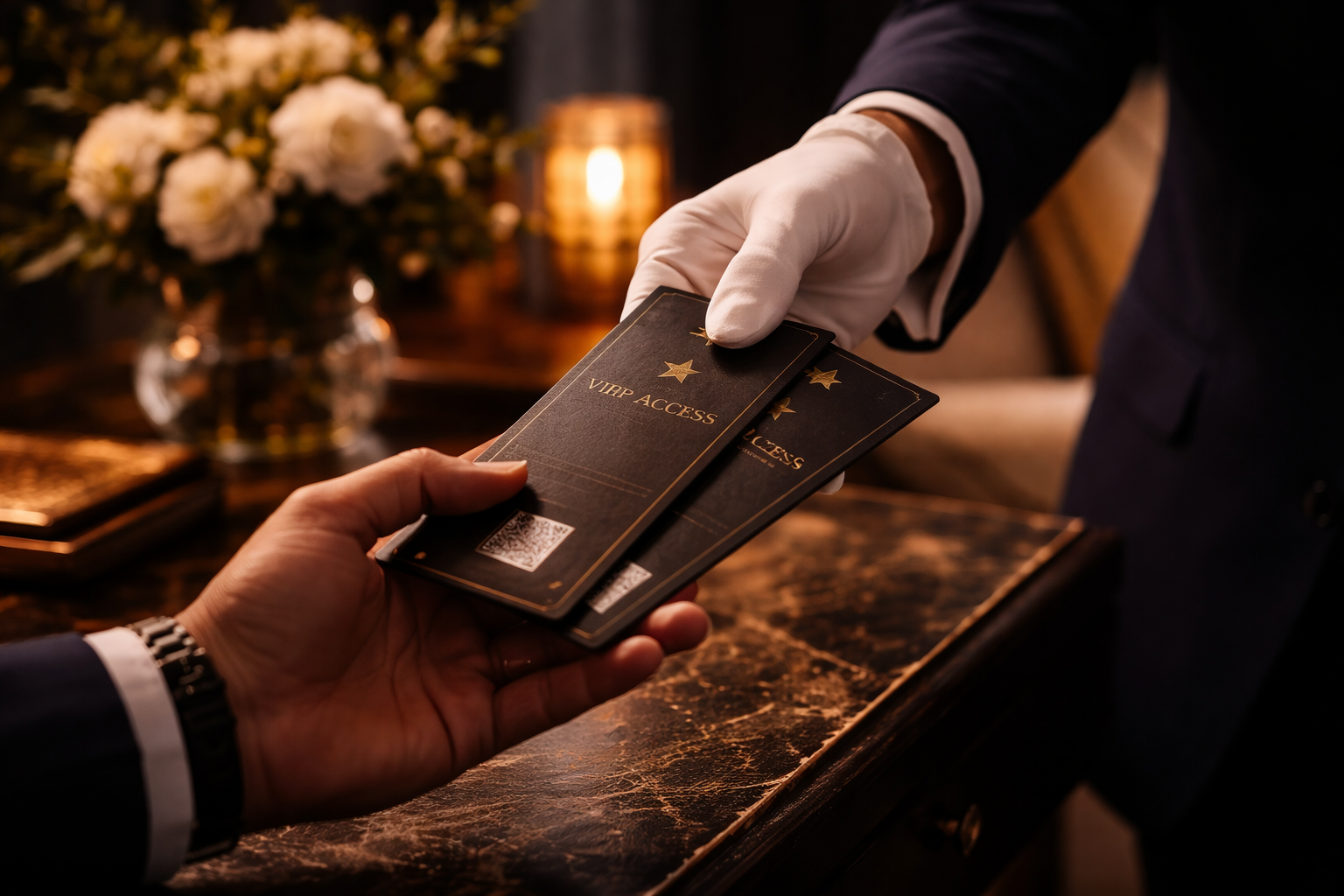 A person receiving VIP access tickets from a staff member in a formal setting with elegant decor and flowers in the background.