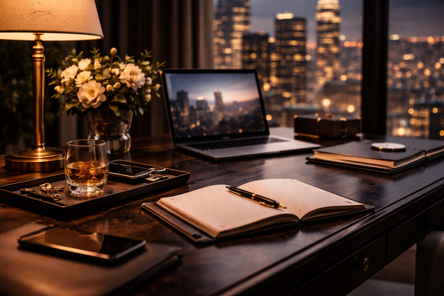 A home office desk with a laptop, notes, pen, glass of whiskey, jewelry, and a flower vase in front of a city skyline at night.