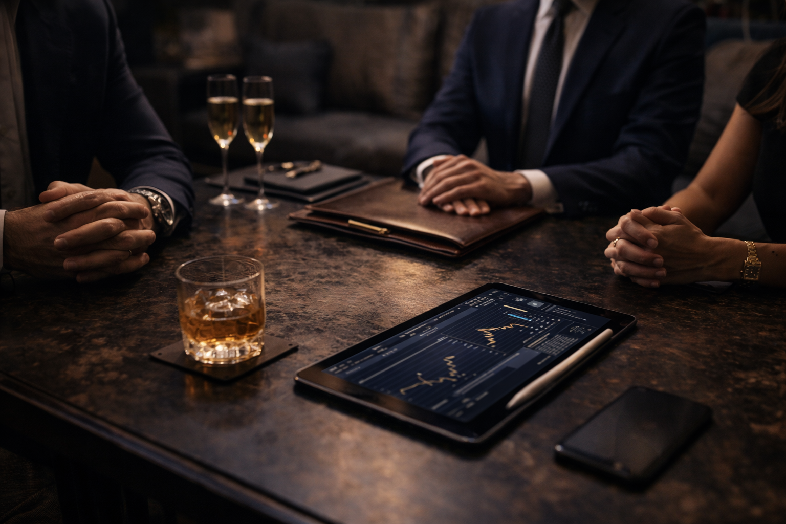 Business meeting with three people sitting at a table, two glasses of champagne, a glass of whiskey, a tablet displaying stock market charts, a smartphone, and a leather notebook.