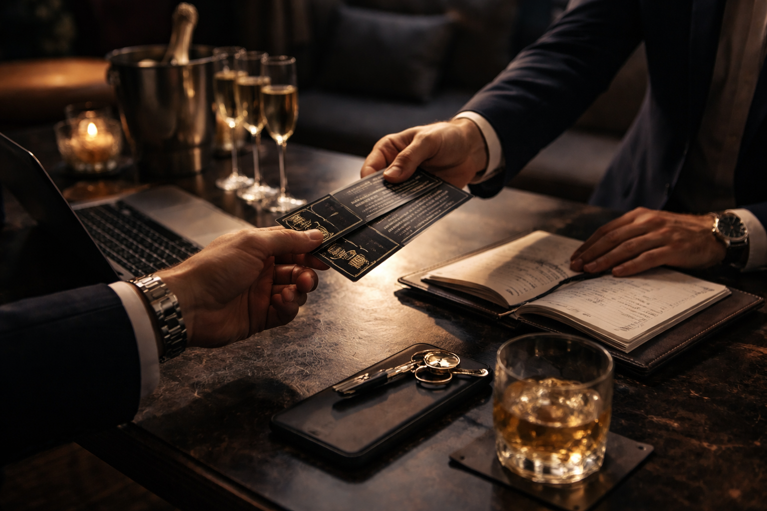 Two men in formal attire exchanging a black and gold brochure in a dimly lit bar or lounge, with glasses of champagne on the table.