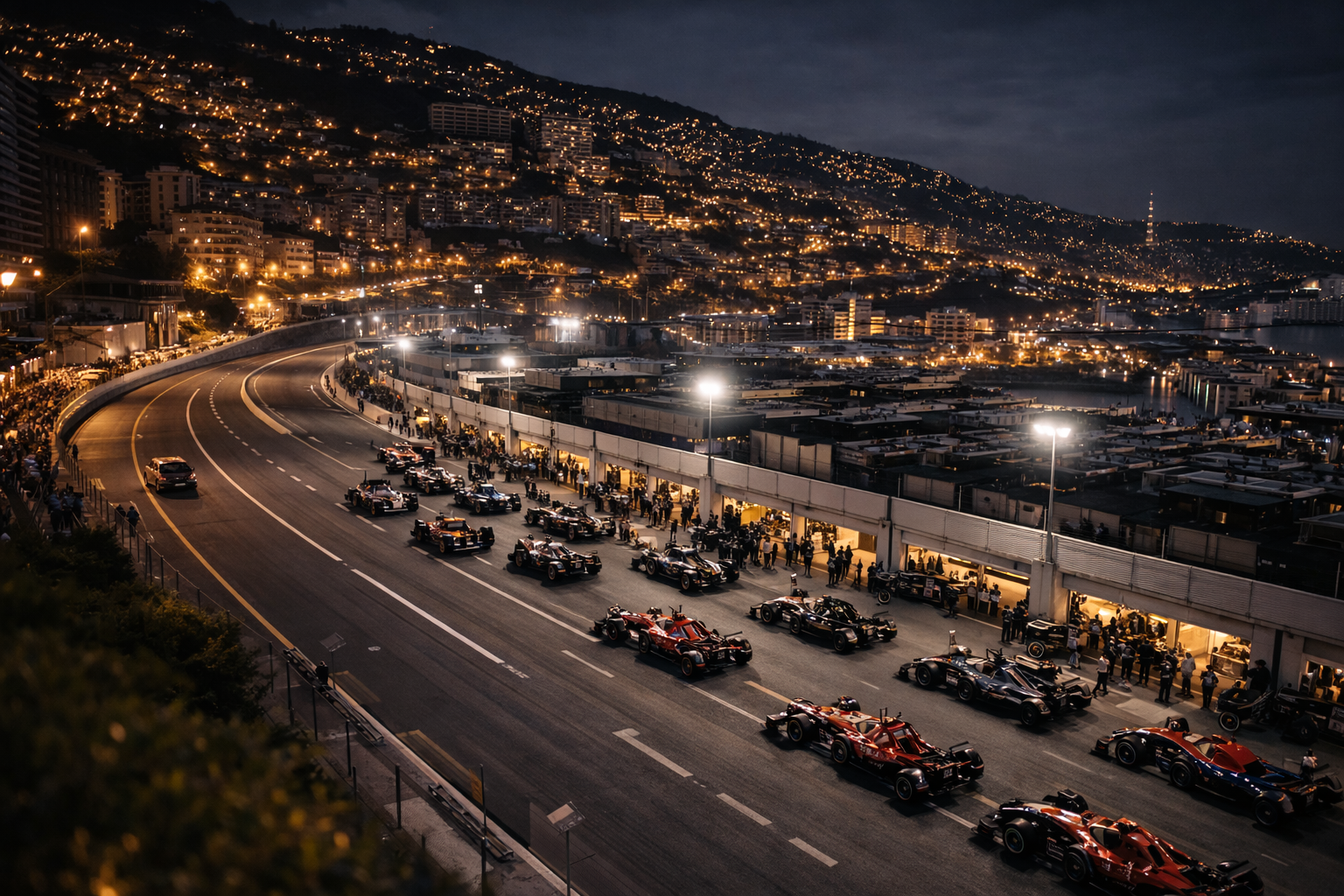 Nighttime view of a race track with racing cars and teams in the pit lane, city lights on a mountain in the background.