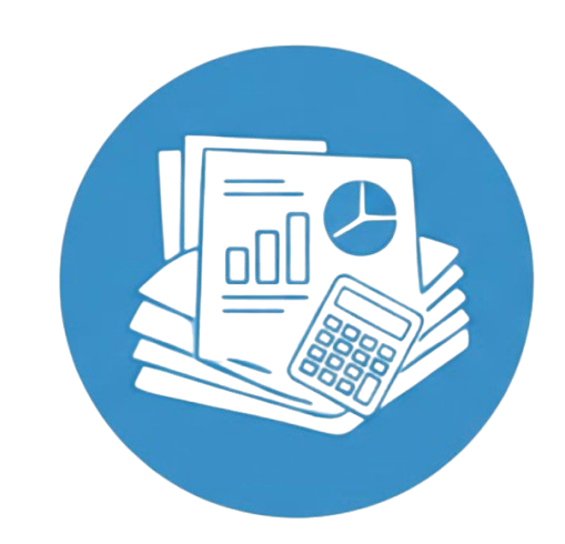 A graphic illustration of financial and data analysis tools, including charts, graphs, a calculator, and documents, within a circular blue background.