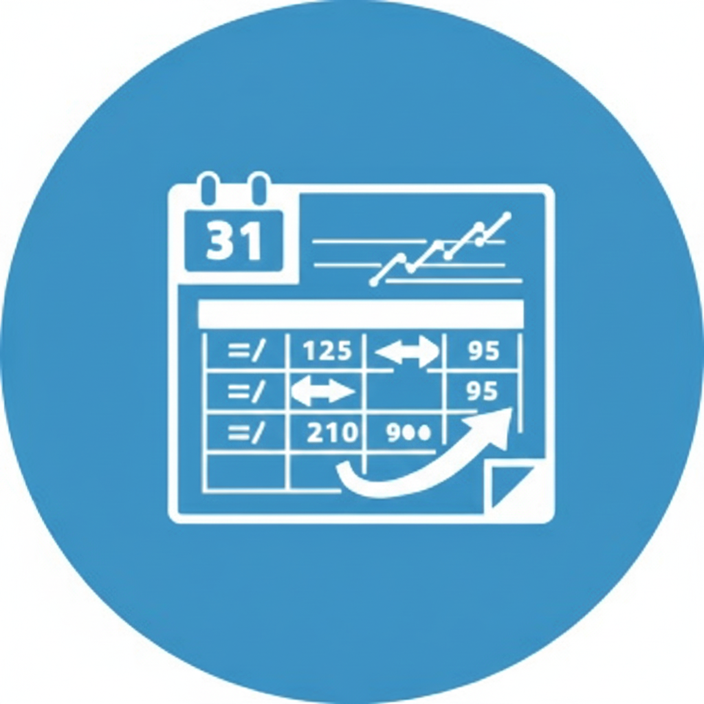 Blue circular icon with a calendar showing the date 31, a line graph, and a spreadsheet with row and column data, indicating planning or scheduling.