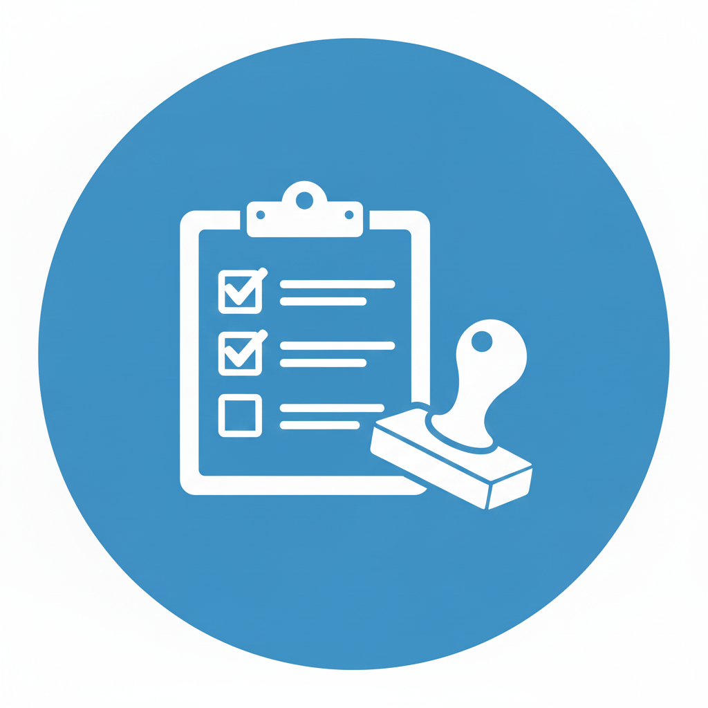 A clipboard with a checklist, some items checked off, and a rubber stamp.