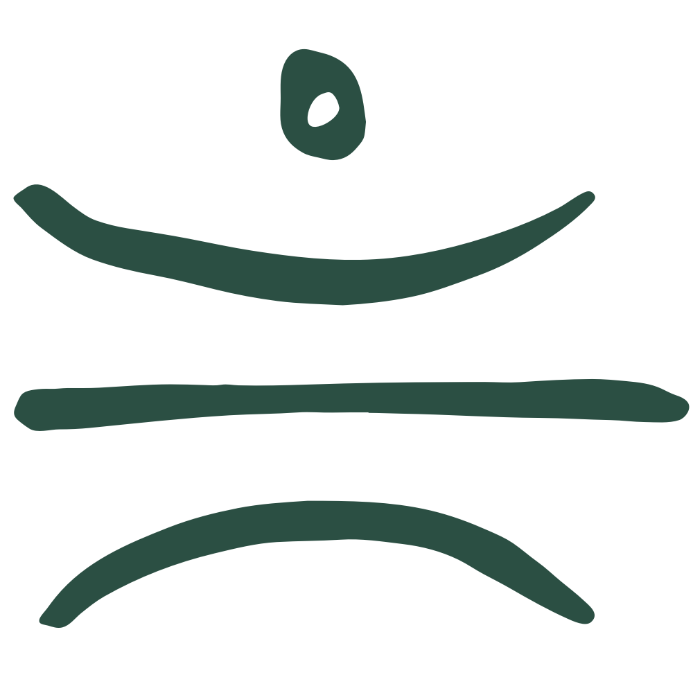 Ein stilisiertes, minimalistisches Smiley-Gesicht mit einem breiten Lächeln, eines großen Auges und einer schmalen Nase, alles in dunklem Grün auf schwarzem Hintergrund.