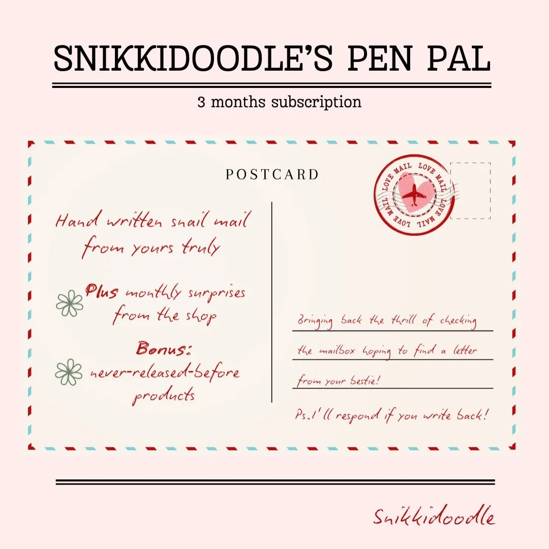 So excited to announce my pen pal club!

What&rsquo;s included each month:
✨ hand written pen pal style letter from me
✨ all the merch from monthly releases 
✨ 1 mystery sticker 
✨ 1 mystery magnet 
✨ 1 mystery paper product (post-it? Coaster? Sticke