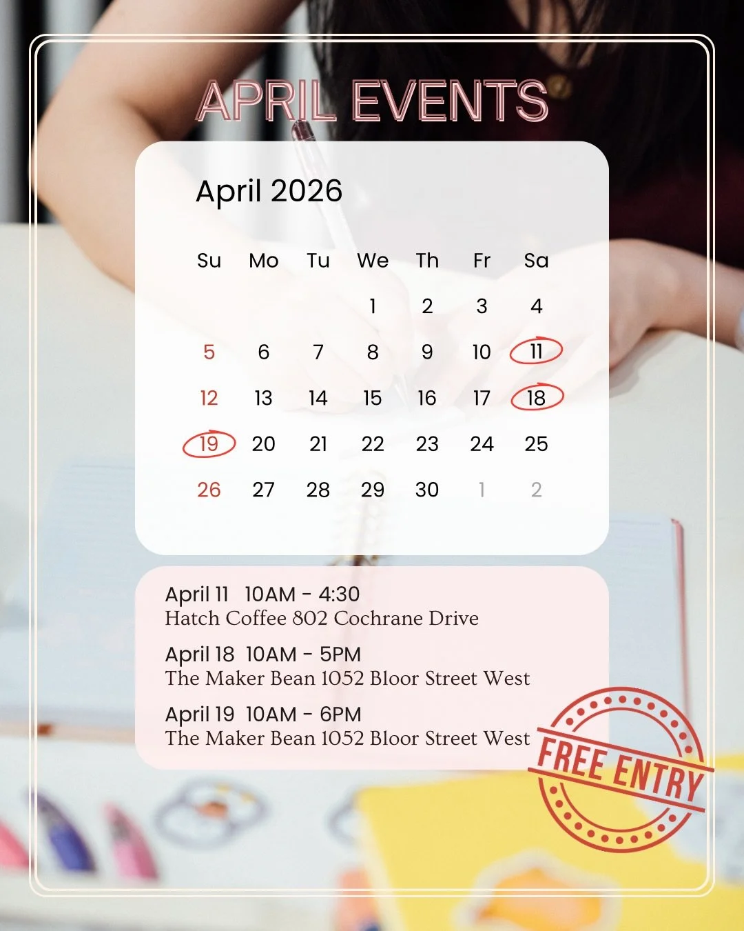 This is my official April lineup. Come hang out, shop, and have fun! 

April 11th promo: 20% off everything because it&rsquo;s my birthday!

April 18 &amp; 19 promo: vending machine prizes! Every spin is a win 🥳

Ps. I always have special merch at p
