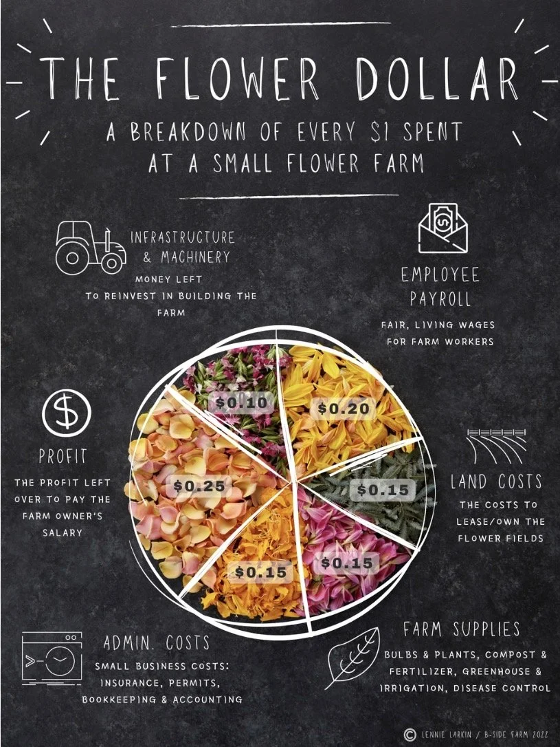 This graphic from B-Side Farm does such a beautiful job showing  where each flower dollar goes on a small flower farm.