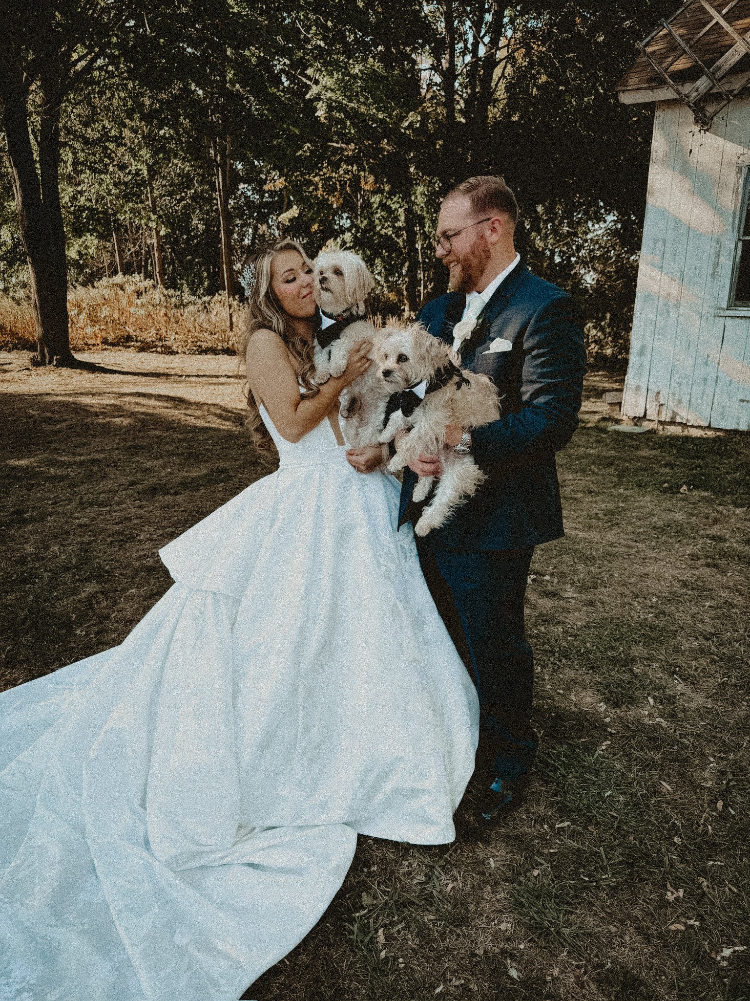 wedding content creator bride and groom with their dogs
