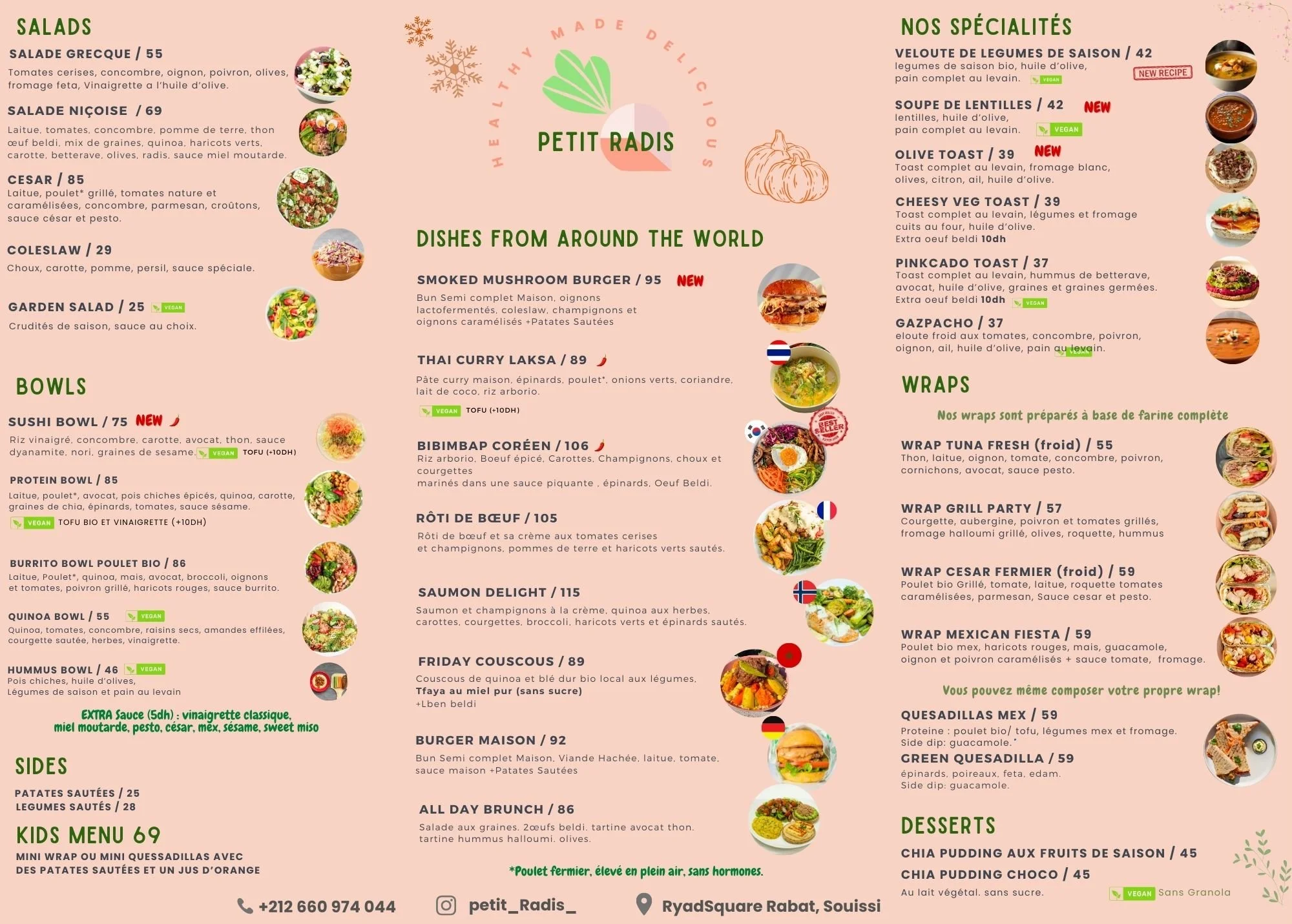 Menu from Petit Radis featuring salads, bowls, specialties, wraps, kids menu, and desserts with detailed descriptions and prices, along with vegetarian and vegan options.
