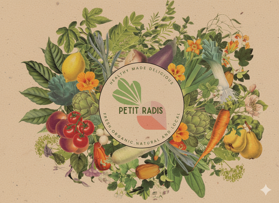 Label for Petit Radis with surrounding illustrations of various vegetables and herbs, including tomatoes, carrots, eggplants, and leafy greens.