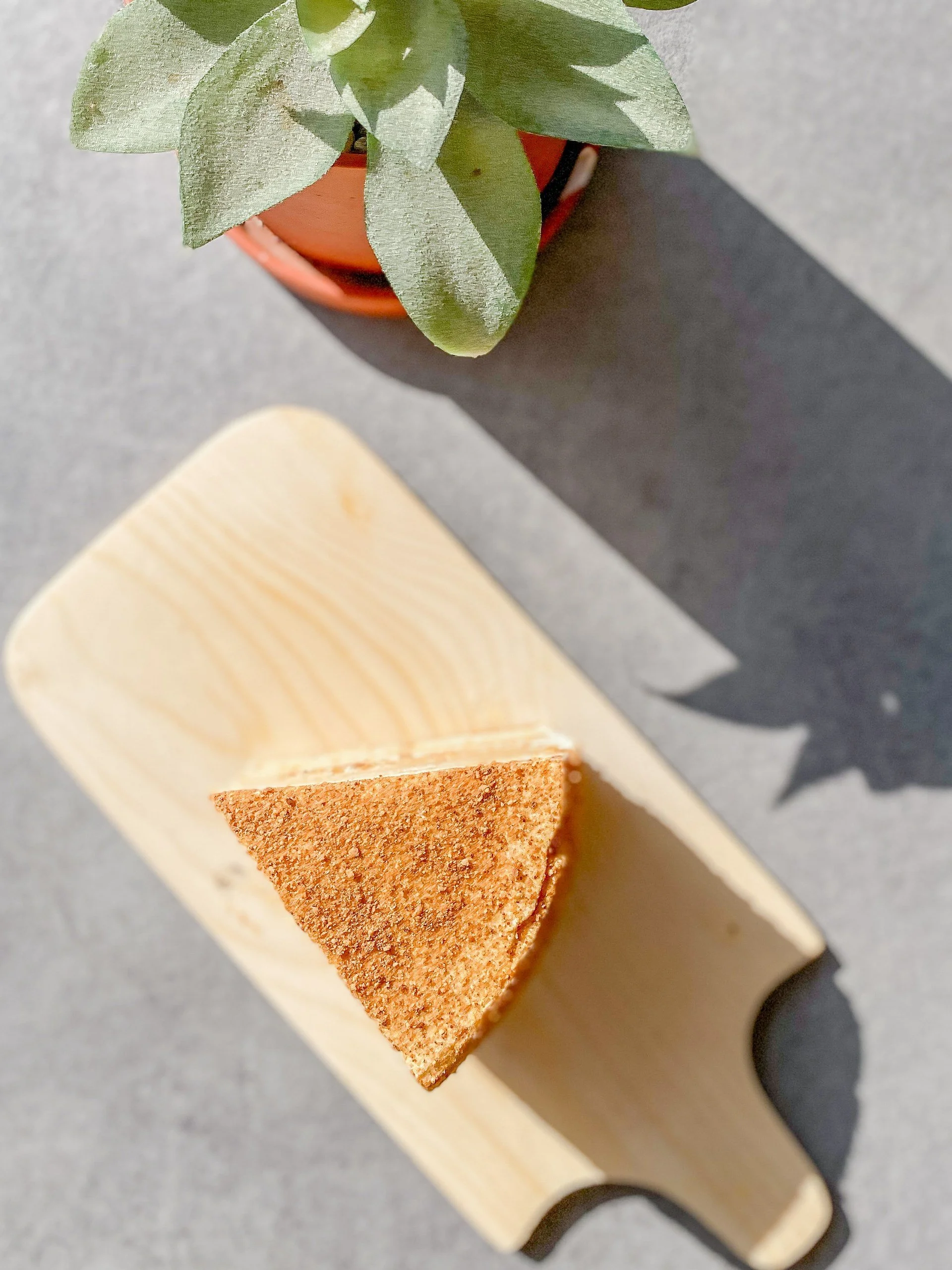 Top view of a small potted plant with green leaves and a triangular piece of cake on a light wooden board, casting shadows on a gray surface.