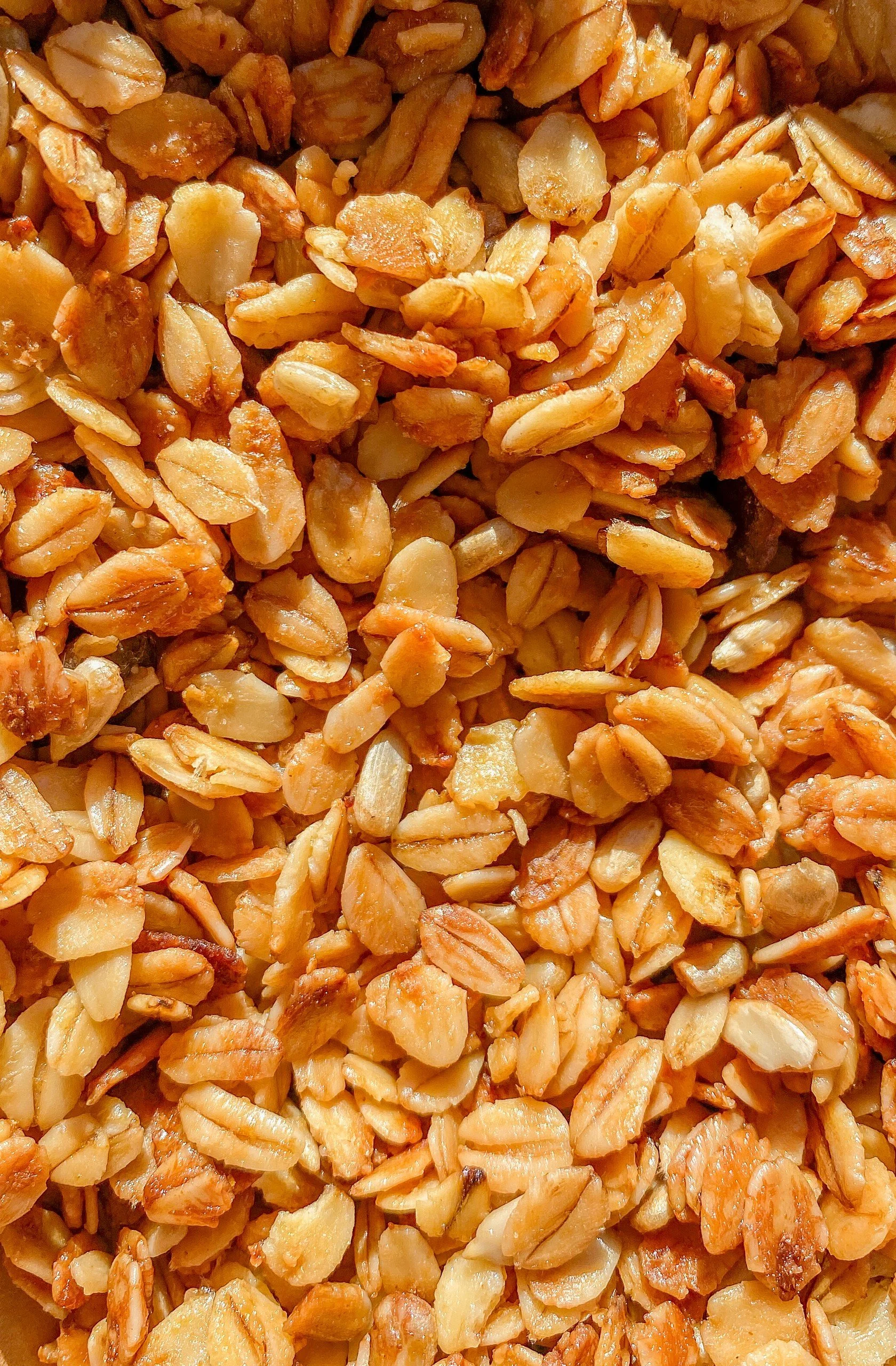 Close-up of toasted granola clusters and oats.