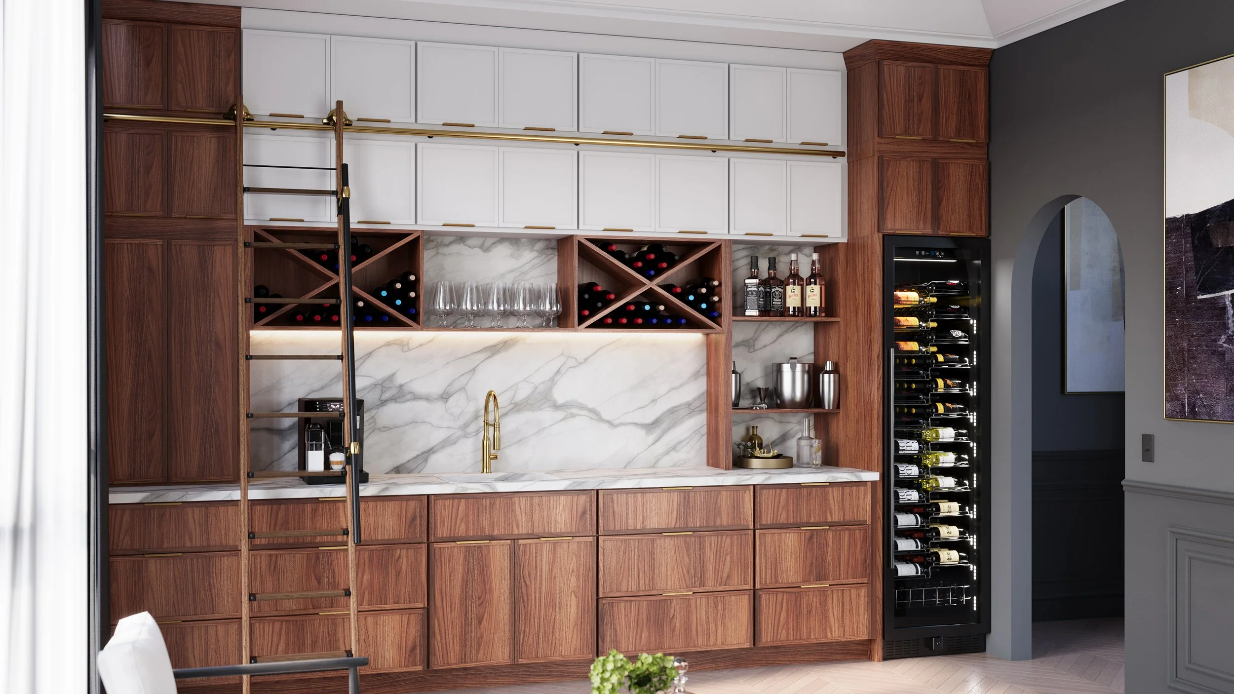 Kitchen with wooden cabinetry, wine storage, marble backsplash, gold sink and faucet, wine fridge, and barware on open shelves.
