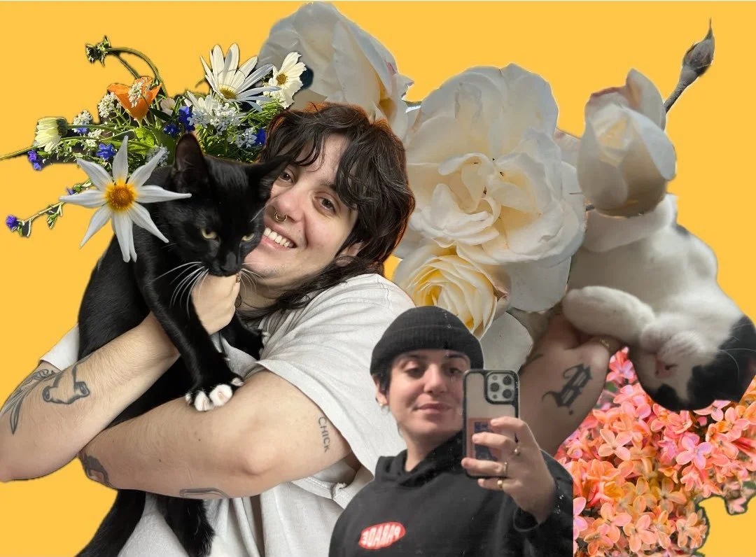 A collage: Joey is smiling, wearing a white tshirt and holding a black cat, Joey taking a selfie, wearing a black beanie and black hoodie in front of flowers including white roses, daisies, a black and white cat lying down, on a yellow background.