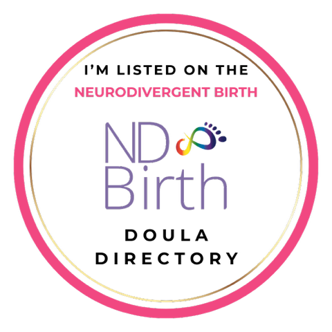 A pink circle around the ND Birth logo and the words: I'm listed on the neurodivergent birth doula directory