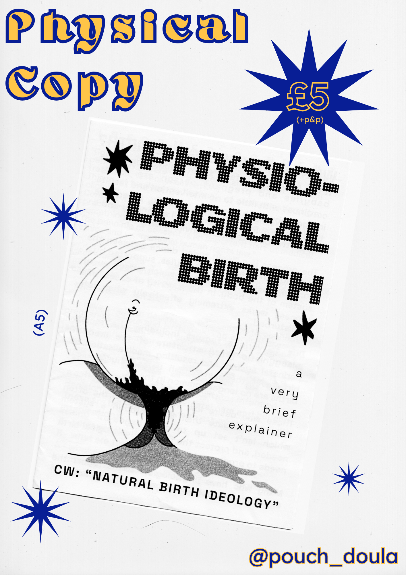 A flyer advertising a humorous product called "Physical Copy" for 5 pounds, described as a very brief explainer of physical, logical, and birth concepts, with a cartoonish illustration of an egg rolling around on a surface.