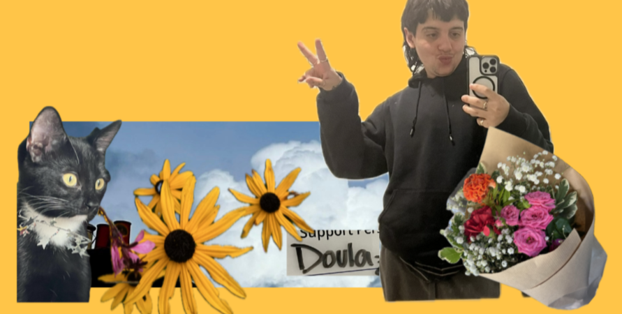 A collage image, yellow background. Joey is taking a mirror selfie holding up the peace sign. A photo of a black and white kitten with gold and silver stars on her chest, clouds, yellow daisies and a section of a whiteboard with the word doula on it