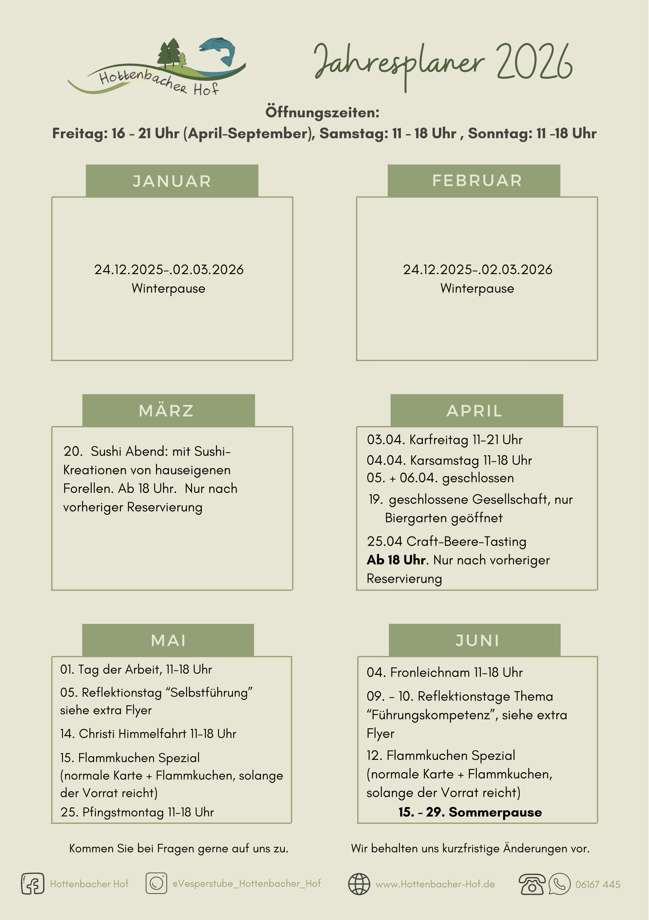Jahresplan 2026 Januar-Juni, Hottenbacher Hof, Veranstaltungen, Termine