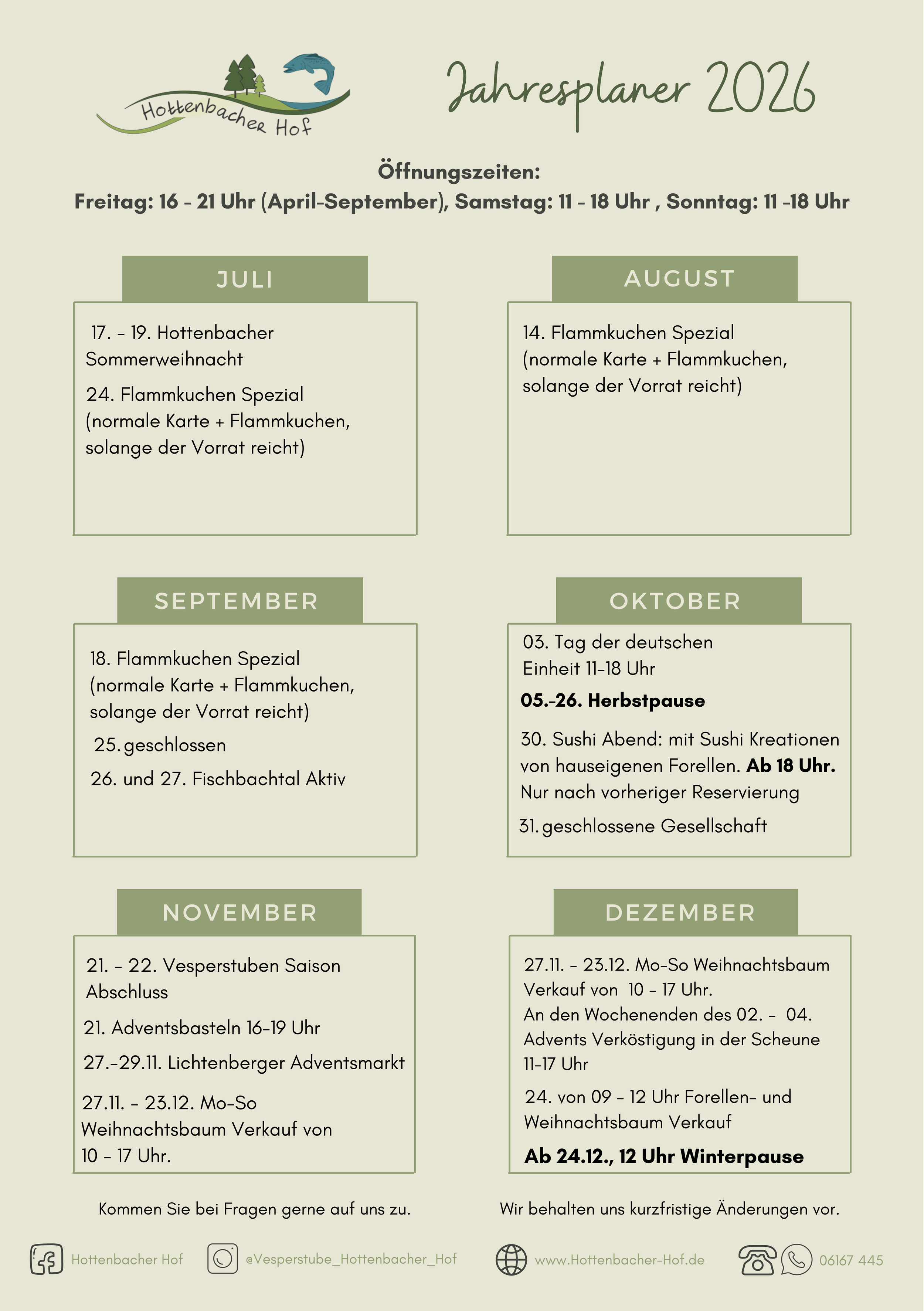 Jahresplan 2026 Juli-Dezember, Hottenbacher Hof, Veranstaltungen, Termine
