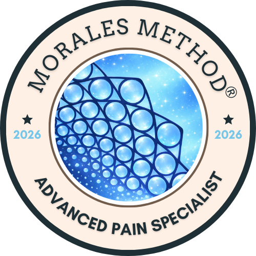 Morales Method logo with blue and white design, featuring a pattern of interconnected circles and stars, and text indicating '2026' and 'Advanced Pain Specialist'.