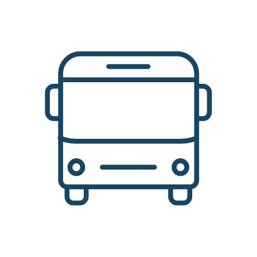 Icon of a bus in blue lines on a black background.